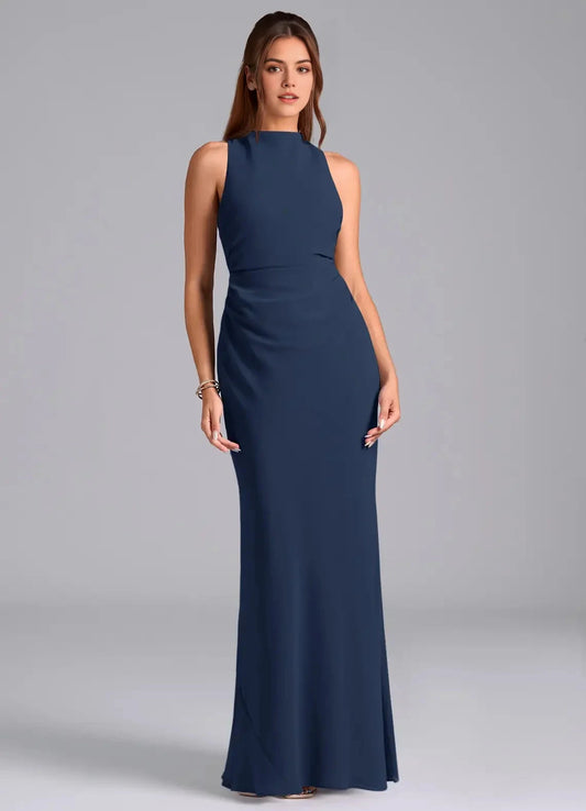 Navy Blue High Neck Crisscross Back Evening Gown A-Line Pleated Chiffon Dress Bridesmaid Dresses by YiHuiw
