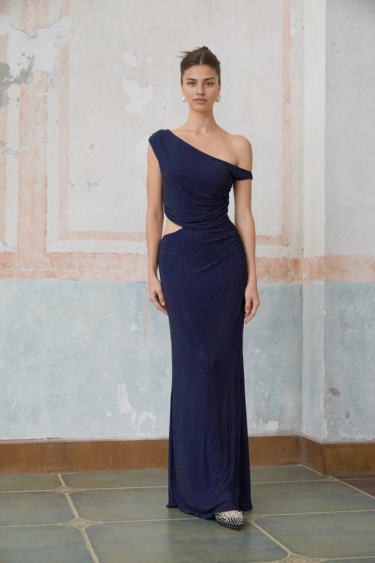 Navy Blue One - Shoulder Cutout Maxi Dress blue cut-out rhinestone maxi dress Evening Dress by YiHuiw