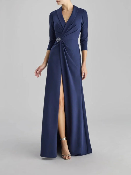 Navy Blue Ruched Maxi Dress with Side Slit and Brooch A-line crepe party dress with three-quarter sleeves Mother of the Bride Dresses by YiHuiw