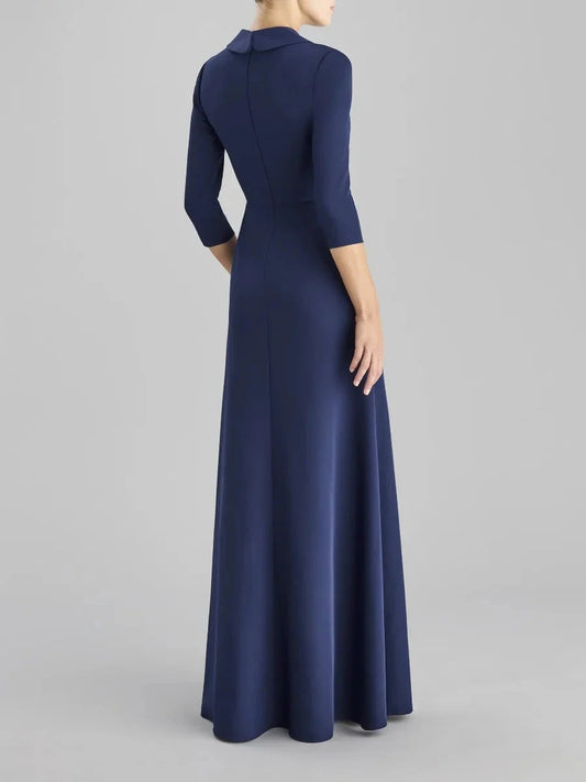 Navy Blue Ruched Maxi Dress with Side Slit and Brooch A-line crepe party dress with three-quarter sleeves Mother of the Bride Dresses by YiHuiw