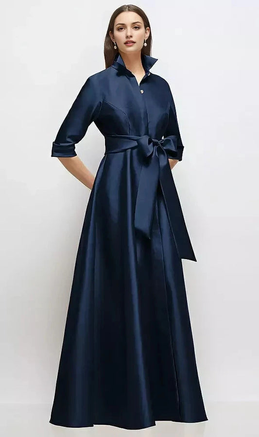 Navy Blue Satin Shirt Maxi Dress with Tie Belt Long Satin Twill Shirt Dress Mother of the Bride Dresses by YiHuiw