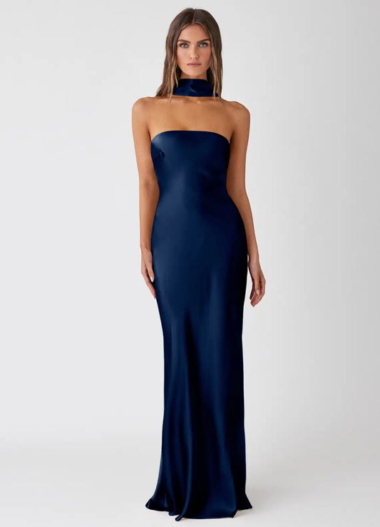 Navy Mermaid Strapless Satin Floor-Length Wedding Dress - Yihuiw by Yihuiw