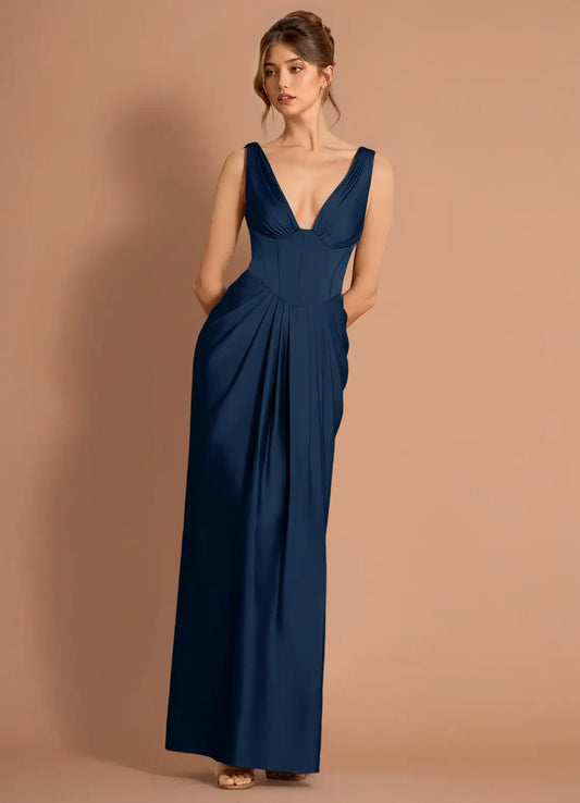 Navy Satin Sleeveless Lace-Up Back Draped Floor-Length Wedding Dress - Yihuiw by Yihuiw