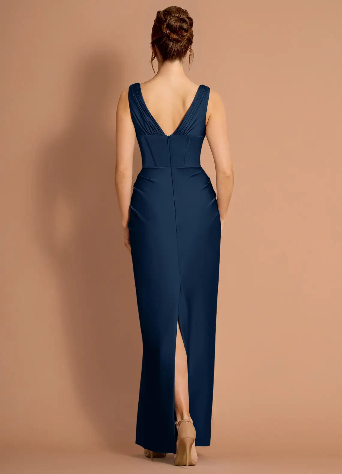 Navy Satin Sleeveless Lace-Up Back Draped Floor-Length Wedding Dress - Yihuiw by Yihuiw