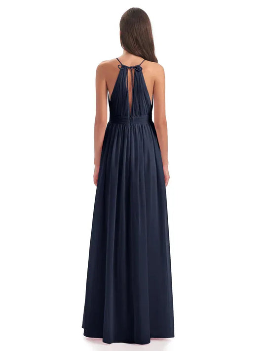 Navy A-Line Halter Chiffon Pleated Floor-Length Wedding Dress - Yihuiw by Yihuiw