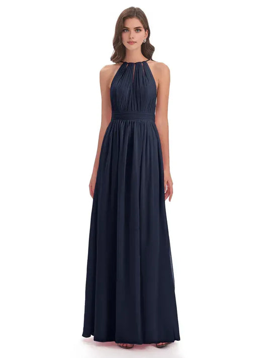 Navy A-Line Halter Chiffon Pleated Floor-Length Wedding Dress - Yihuiw by Yihuiw