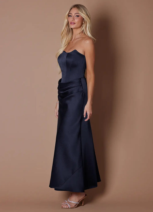 Navy Strapless Satin Lace-Up Back Ruched Midi Wedding Dress - Yihuiw by Yihuiw