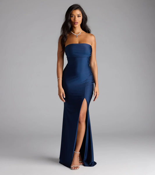 Navy Mermaid Strapless High Slit Floor-Length Wedding Dress - Yihuiw by Yihuiw