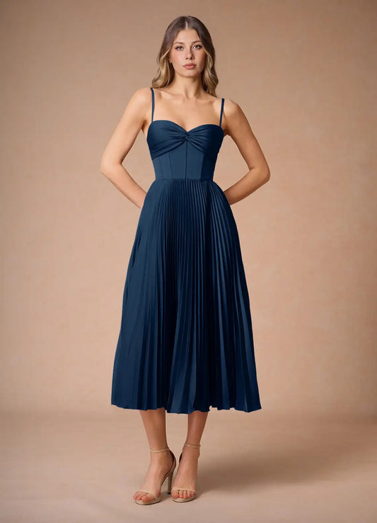 Navy Spaghetti Strap Lace-Up Back Pleated Midi Wedding Dress - Yihuiw by Yihuiw