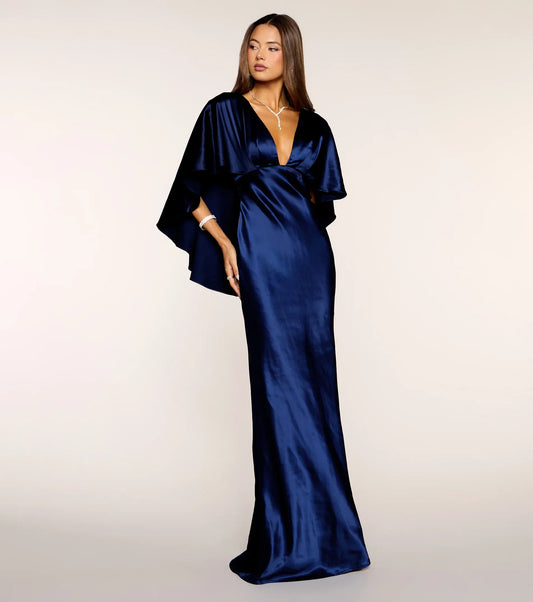 Navy Mermaid V-Neck Satin Floor-Length Wedding Dress - Yihuiw by Yihuiw