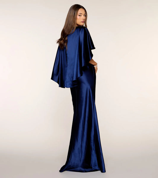 Navy Mermaid V-Neck Satin Floor-Length Wedding Dress - Yihuiw by Yihuiw
