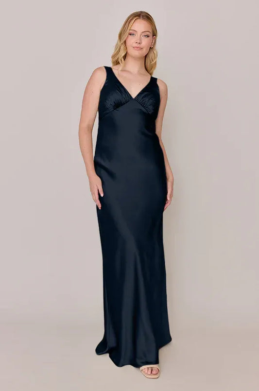 Navy V-Neck Satin Sleeveless Wedding Dress - Yihuiw by Yihuiw