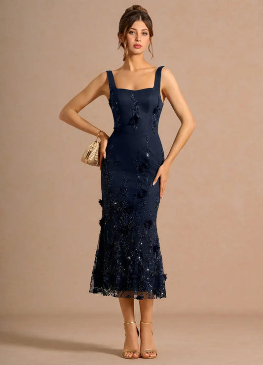 Navy Square Neck Lace Midi Wedding Dress - Yihuiw by Yihuiw