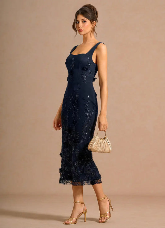 Navy Square Neck Lace Midi Wedding Dress - Yihuiw by Yihuiw
