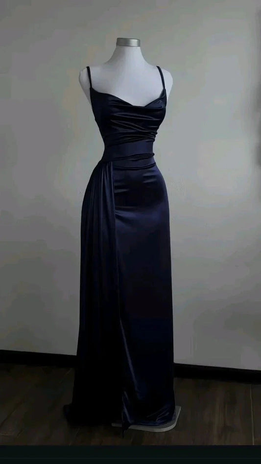 Navy Blue Sheath Satin Long Prom Dress Evening Dresses for Weddings simple gentle atmospheric and unique desi Bring summer colors to enhance whiteness by YiHuiw