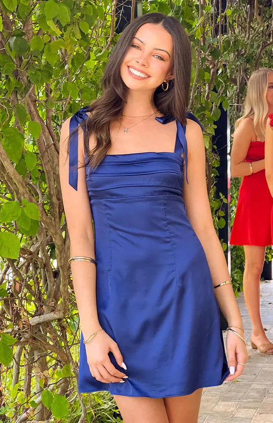 Square Neck Satin A-Line Mini Homecoming Dress with Self-Tie Bow Straps