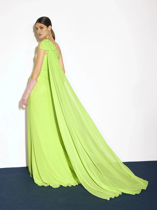 Neon Green One-Shoulder Maxi Dress with Cape Straight chiffon party dress Mother of the Bride Dresses by YiHuiw