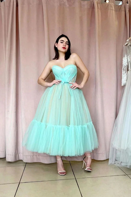 Mint Green Tulle Homecoming Dress with Sweetheart Neckline – Elegant Tea Length A-Line Party Dress