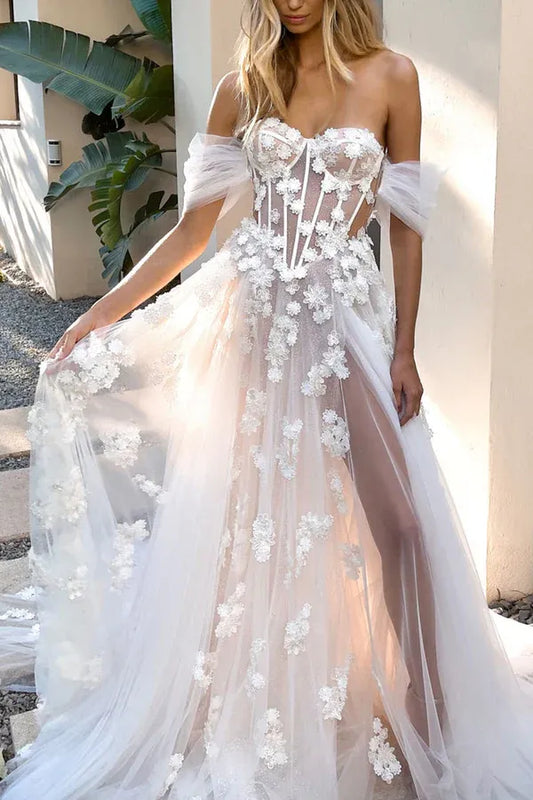 Tulle Lace-Up Back High Slit Wedding Dress - Yihuiw by Yihuiw
