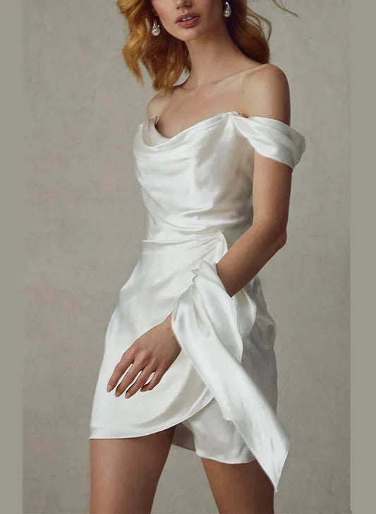Off-Shoulder Satin Draped Mini Wedding Dress - Yihuiw by Yihuiw
