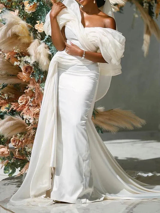 Mermaid Off-Shoulder Satin Ruffled Wedding Dress - Yihuiw by Yihuiw
