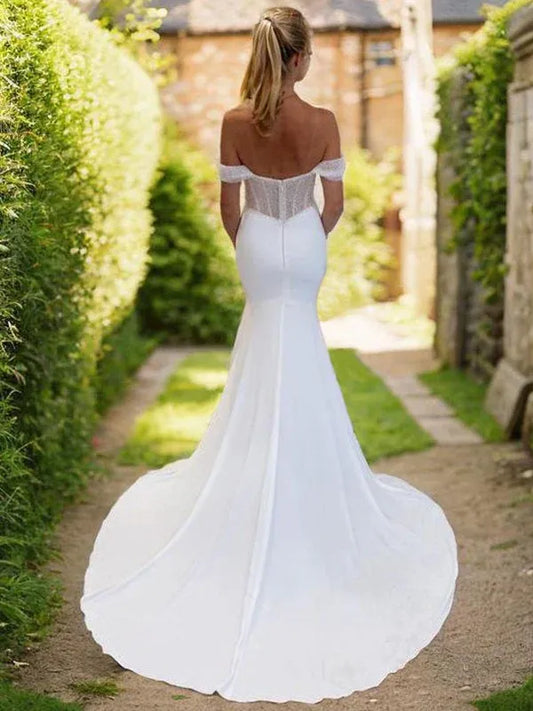 Mermaid Off-Shoulder Chiffon Lace-Up Back Wedding Dress - Yihuiw by Yihuiw