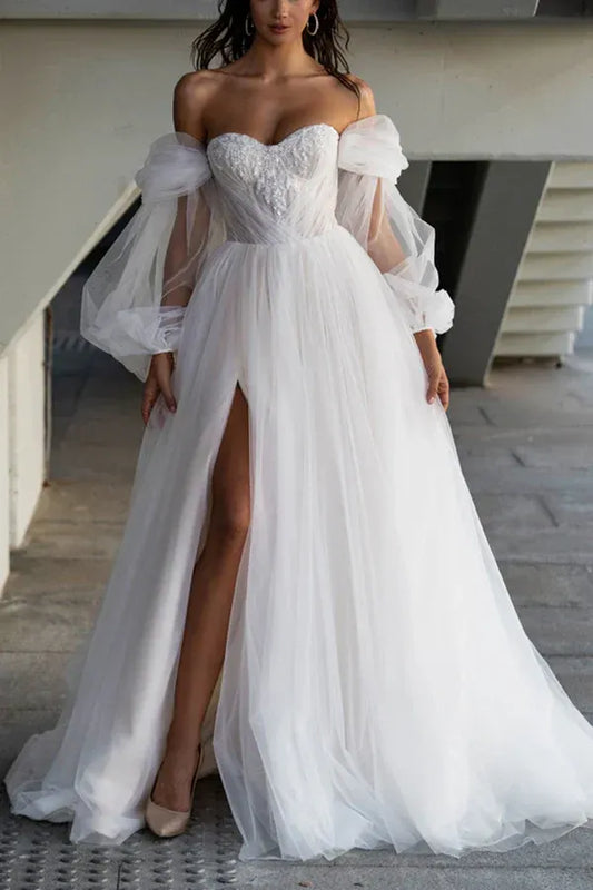 Tulle Lace-Up Back High Slit Wedding Dress - Yihuiw by Yihuiw
