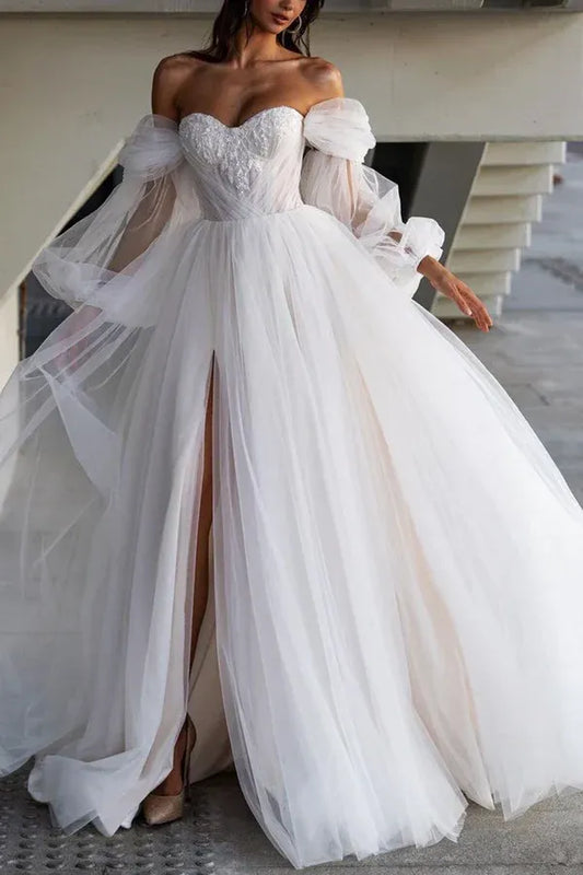 Tulle Lace-Up Back High Slit Wedding Dress - Yihuiw by Yihuiw