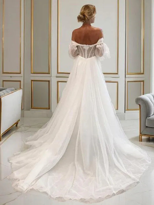 A-Line Off-Shoulder Tulle Puff Sleeve Lace-Up Back High Slit Wedding Dress - Yihuiw by Yihuiw
