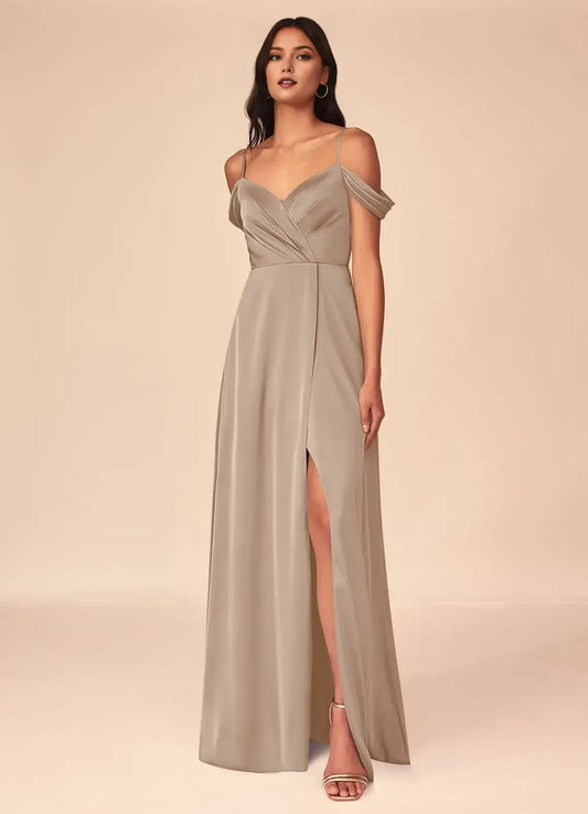A-Line Off-Shoulder Satin High Slit Wedding Dress - Yihuiw by Yihuiw