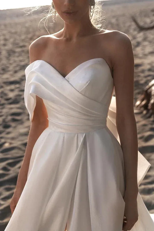 A-Line Satin High Slit Wedding Dress - Yihuiw by Yihuiw