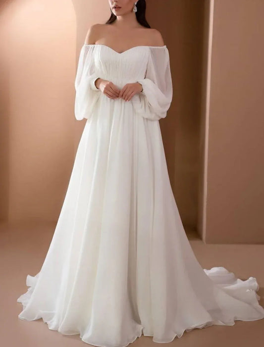 A-Line Chiffon Long Sleeve Train Wedding Dress - Yihuiw by Yihuiw