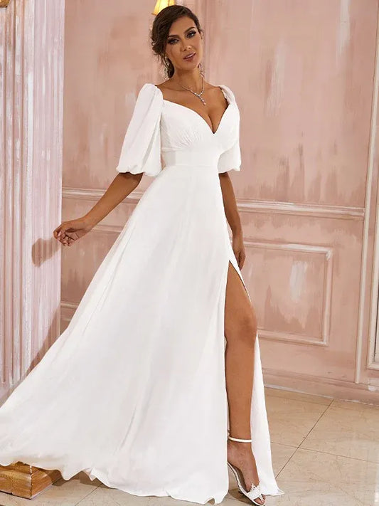 Chiffon High Slit Mini Wedding Dress - Yihuiw by Yihuiw