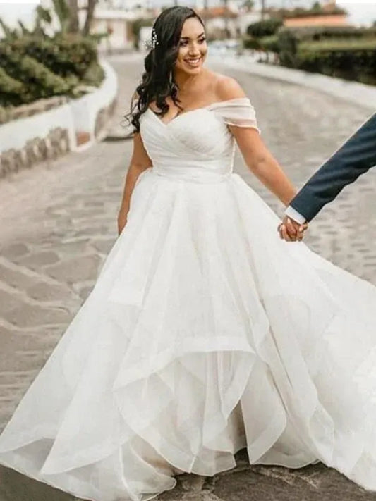 A-Line Tulle Short Sleeve Ruffled Mini Wedding Dress - Yihuiw by Yihuiw