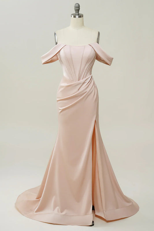 Elegant Blush Satin Mermaid Prom Dress with Off-Shoulder Straps and High Slit – Formal Evening Gown