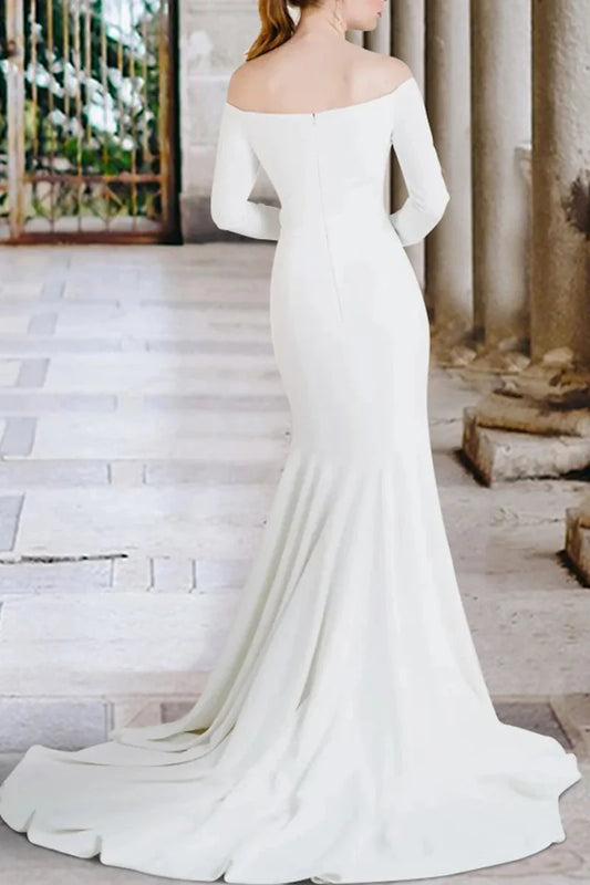 Off-the-Shoulder Long Sleeve Satin Mermaid Wedding Dress with Chapel Train by YiHuiw