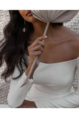 Off-the-Shoulder Long Sleeve Satin Mermaid Wedding Dress with Chapel Train