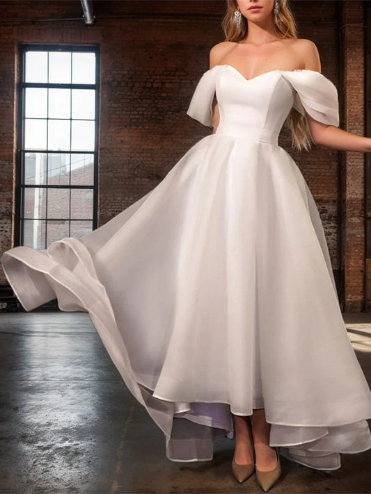 Off-the-Shoulder Organza Wedding Dress with Sweetheart Neckline & High-Low A-Line Skirt