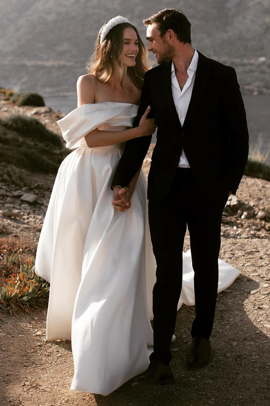 Off-the-Shoulder Satin A-Line Wedding Dress with Oversized Back Bow & Chapel Train