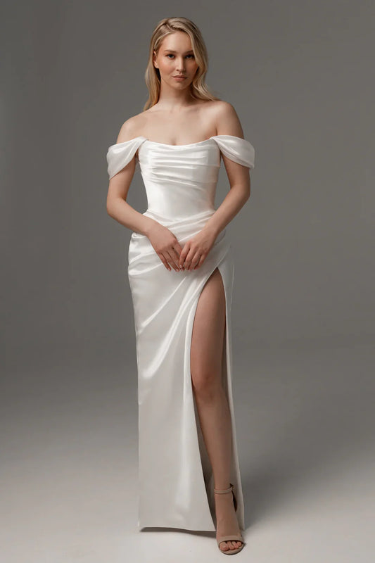 Off-the-Shoulder Satin Sheath Wedding Dress Ruched Bodice Lace-Up Back High Slit Bridal Dress
