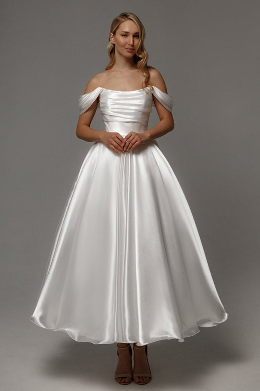Off-the-Shoulder Satin Wedding Dress Draped Bodice Lace-Up Back A-Line Midi Bridal Gown by LANQI DRESS
