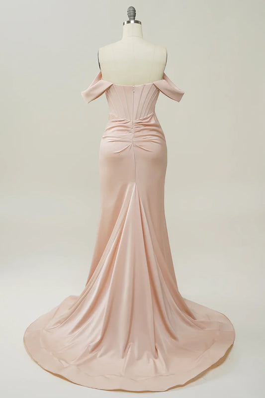 Elegant Blush Satin Mermaid Prom Dress with Off-Shoulder Straps and High Slit – Formal Evening Gown