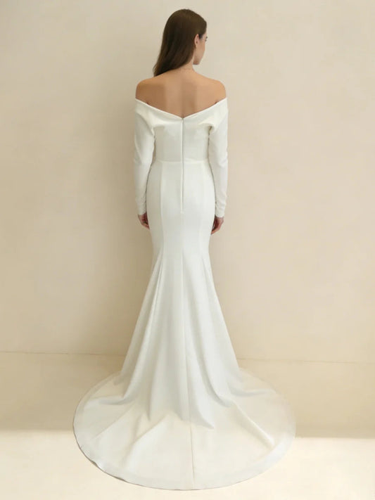 Off-the-Shoulder Sweetheart Wedding Dress with Long Sleeves & Mermaid Train