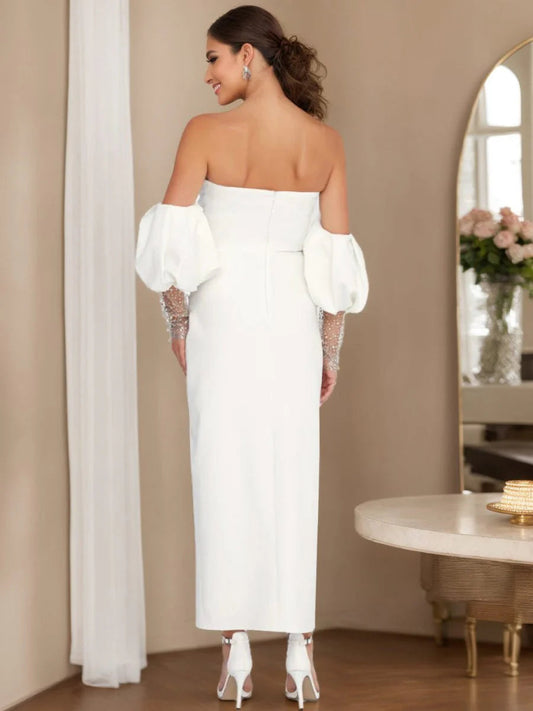Off Shoulder Beaded Sleeve Midi Wedding Dress Ruched Slit Strapless Bridal Dress