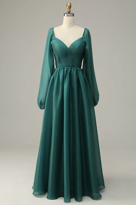 Elegant Emerald Satin Chiffon Evening Dress with Deep V-Neck and Long Sleeves – A-Line Formal Maxi Dress