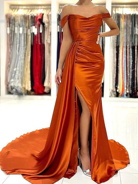 Off the Shoulder Orange Satin Prom Dresses Orange Off Shoulder Satin Formal Evening Dresses simple gentle atmospheric and unique desi Bring summer colors to enhance whitenes by YiHuiw