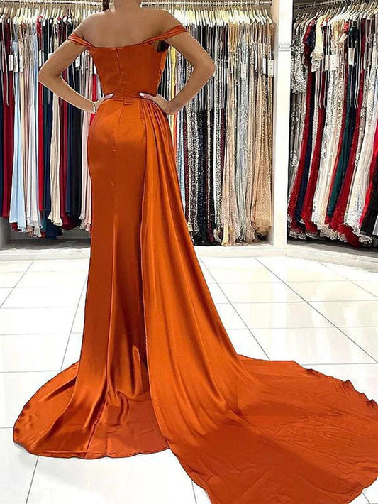 Off the Shoulder Orange Satin Prom Dresses Orange Off Shoulder Satin Formal Evening Dresses simple gentle atmospheric and unique desi Bring summer colors to enhance whitenes by YiHuiw