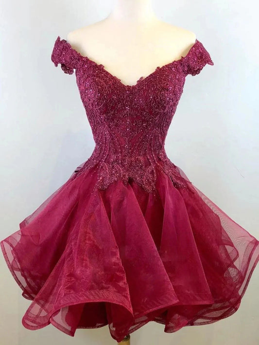 Off the Shoulder Short Burgundy Lace Prom Dresses, Short Burgundy Lace Graduation Homecoming Dresses simple gentle atmospheric and unique desi Bring summer colors to enhance whiteness by YiHuiw