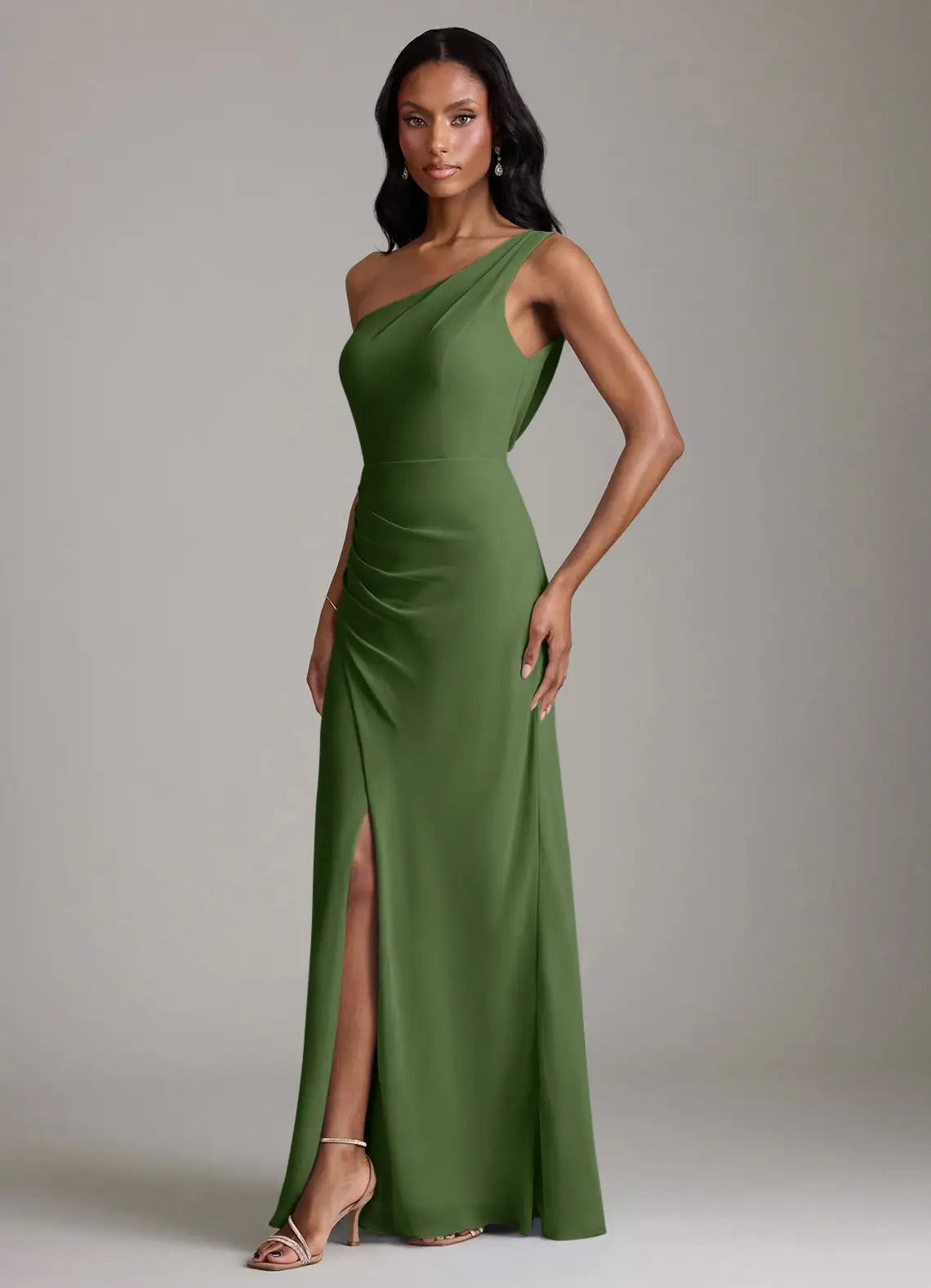 One-Shoulder Chiffon High Slit Midi Wedding Dress - Yihuiw by Yihuiw