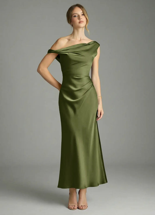 Off-Shoulder Satin Draped Midi Wedding Dress - Yihuiw by Yihuiw